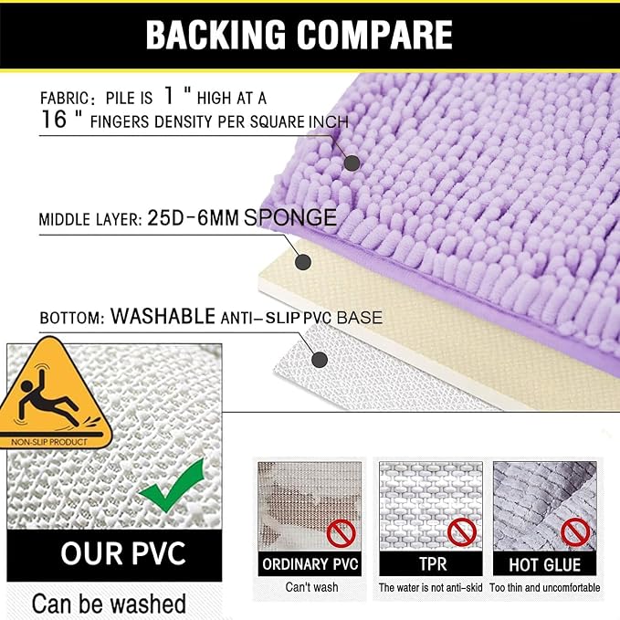 Bathroom Rugs Chenille 3-Piece Extra Soft and Absorbent Shag Bathroom Rugs, Machine Wash Mat, Strong PVC Non-Slip Underside, Plush Carpet Mats, Lavender