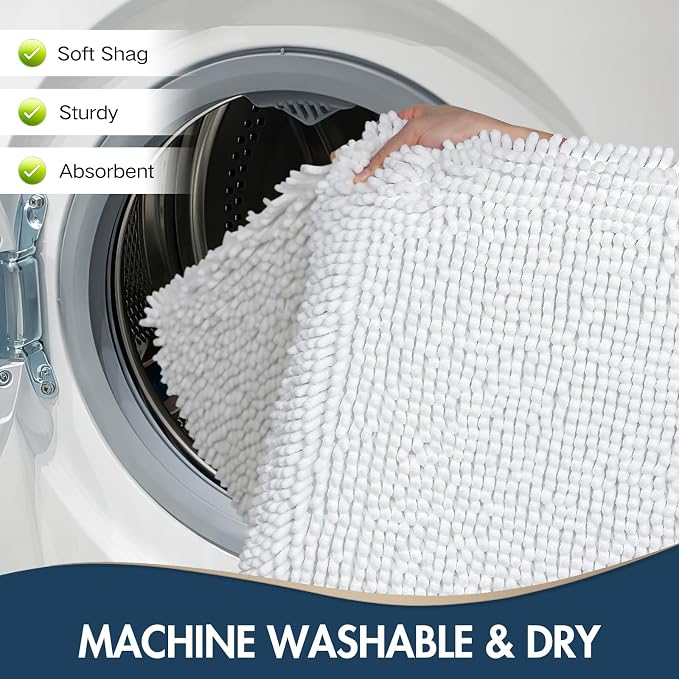 TREETONE Bathroom Rugs Sets, Thick Soft Absorbent 3 Piece Chenille Bath Rugs, Non-Slip, Dry Quickly, Machine Washable, Shaggy Mats with U-Shaped Toilet Rug for Bathroom Floor, Tub and Shower, White