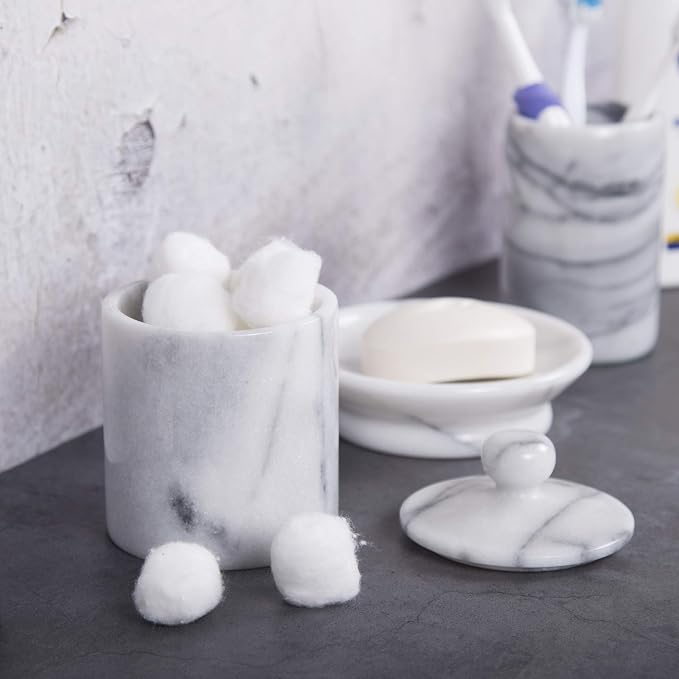 Creative Home Natural Marble Cotton Swab Canister with Lid, Off-White