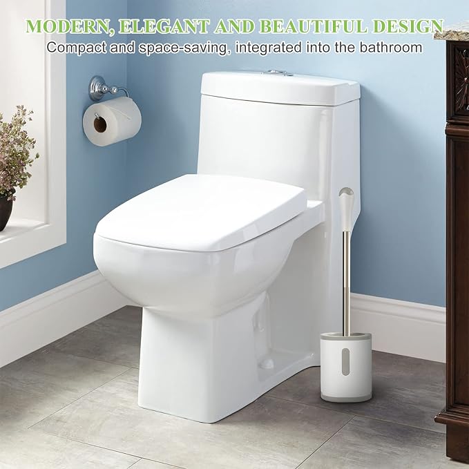 AONEZ Compact Toilet Brush & Holder, Stainless Steel Handle, Space Saving for Storage, Deep Cleaning, Drip-Proof, Easy to Assemble, Nylon Bristles, White & Grey | Stainless Steel Handle; Easy to Hide; Space Saving for Storage; Drip-Proof; Easy to Assem...
