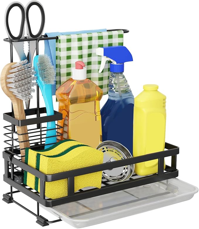 Godboat Kitchen Sink Organizer with Brush Rack - Sink Caddy with Drain-Pan | Stainless Steel Sponge Holder for Kitchen Sink with Towel Rack, Organizer for Dish Soap Dispenser, 10.5"L Ć 5.9"W Ć 10.5"H