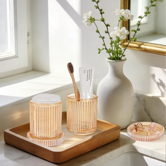 SheeChung Glass Qtip Holder Dispenser, 4-Pack Glass Apothecary Jars - Vintage Sunburst Bathroom Organizer Set - Cotton Swab Ball Pad Storage - Bathroom Accessories Decor(Amber)
