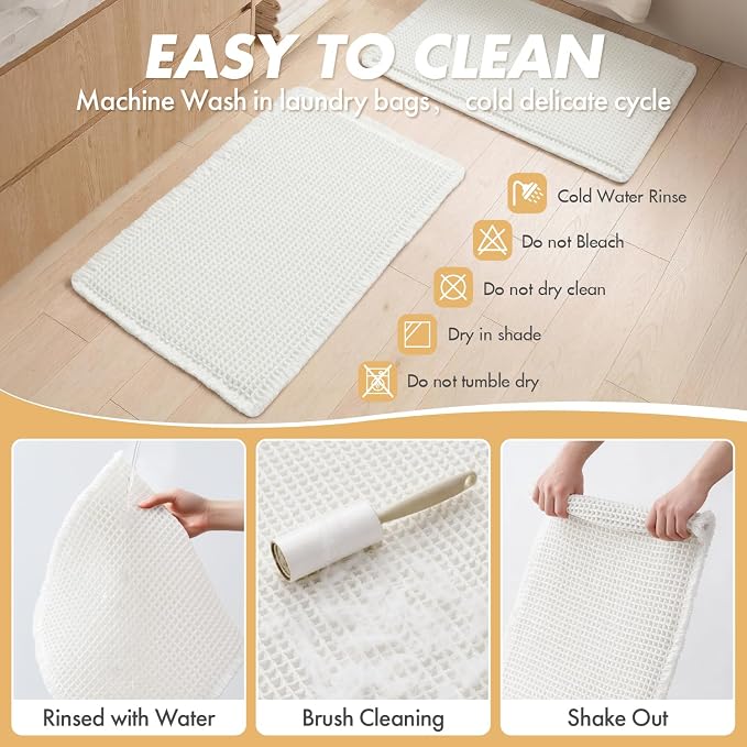 MIULEE Set of 2 Waffle Bathroom Rugs Boho Bath Mat White 17x24 Inch | Non Slip, Super Absorbent, Washable, Ultra Soft, Rubber Backed, Small Bath Rugs for Bathroom Floor Tub Shower