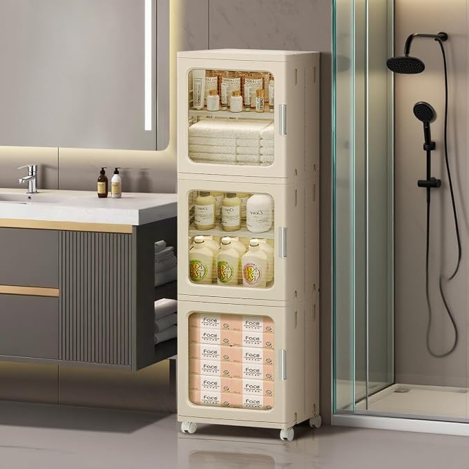 3-Tier Narrow Bathroom Storage Cabinet with Clear Doors and Adjustable Shelves, Plastic Slim Bathroom Organizers and Storage Small Spaces Pantry Kitchen Laundry Room Quick Assembly, Beige