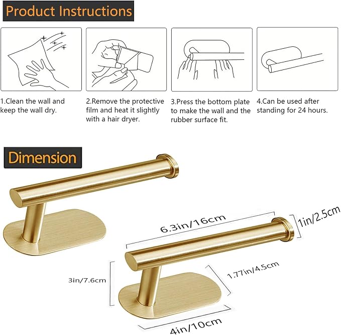 JOPOFI Self Adhesive Toilet Paper Holder - Brushed Gold(2 Pcs) | Toilet Paper Holder Wall Mount for Bathroom,Stainless Steel Command Strip Toilet Paper Roll Holder Stick On Wall,No Drilling