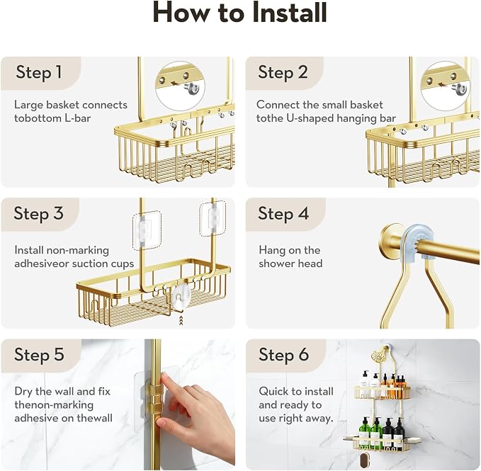 Shower Caddy Hanging, Never Rust Shower Organizer Hanging, Aluminum Shower Racks for Inside Shower with Hooks for Razor, Bathroom Organizers and Storage with Soap Holder, Gold