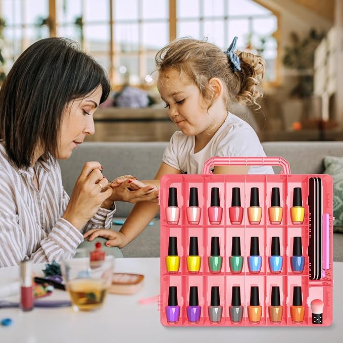 Beloving 2pcs Nail Polish Organizer, Portable 48 Bottles Clear Nail Polish Holder with Adjustable Divider, Gel Nail Polish Storage Double Side Nail Polish Organizer Case for Nail Tech Pink