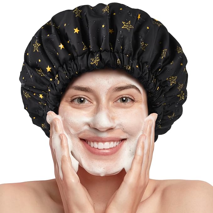Shower Cap for Women Terry Lined Bath Cap Large Reusable Waterproof Elastic Band Black Star Shower Caps for Long Thick Hair Soft Bath Shower Hair Caps
