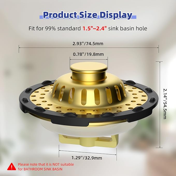 2PCS Universal Metal Bathtub Drain Stopper Top Hair Catcher, Brushed Gold | Shower Drain Tub Stopper with Stainless Steel Visible Filter Basket, Upgraded 3 in 1 Pop-up Drain Plug for 1.5 to 2.4" Hole