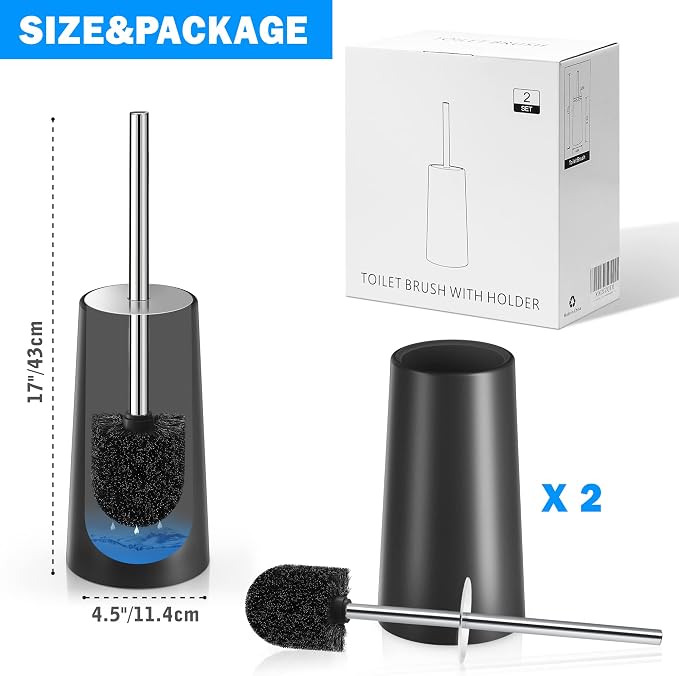 Toilet Brush and Holder, Toilet Brush with 304 Stainless Steel Long Handle, Toilet Bowl Brush for Bathroom Toilet-Ergonomic, Elegant,Durable(Black)