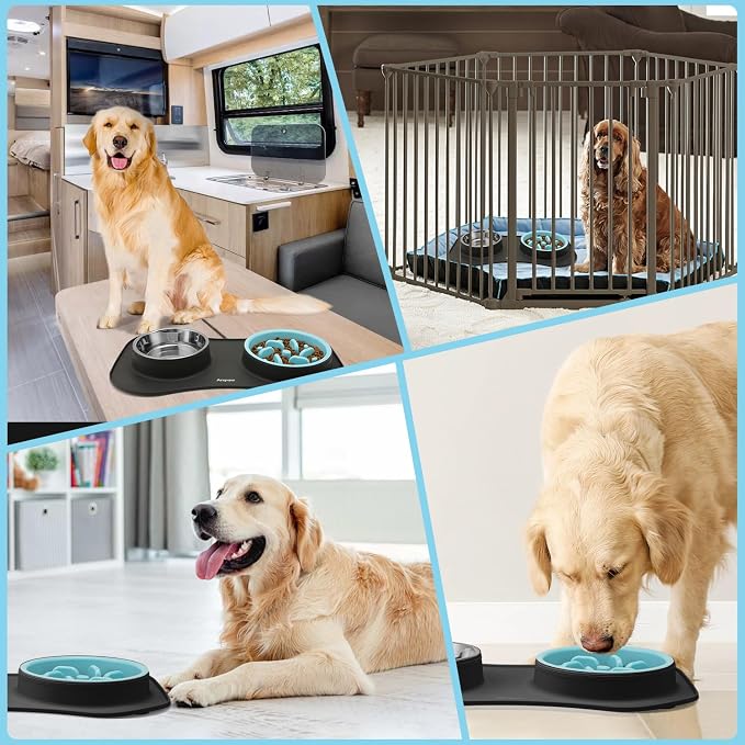 Slow Feeder Dog Bowls 3 in 1 Stainless Steel Food Water Bowl to Slow Eating | Durable, Non-spill & Non-skid with Silicone Mat Design, Slow Down Eating, Suitable for Small Medium Large Dogs and Cats