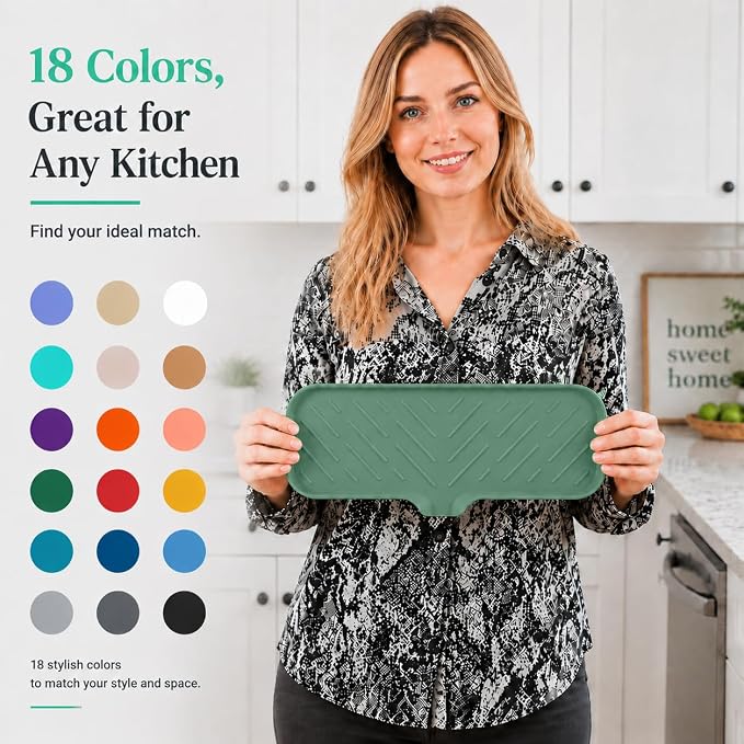 MicoYang Silicone Soap Dish with Drain Spout — Self-Draining Double Sink Organizer Tray for Kitchen & Bathroom, Dispensers, Sponges & Soap Holder, Non-Slip & Dishwasher Safe, Green (Large, 12"×4")