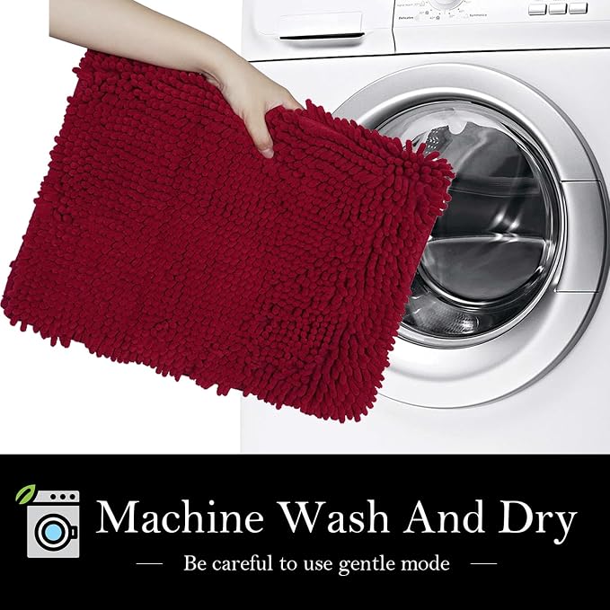 Bathroom Rugs Chenille Bath mat 3-Piece Set, Super Absorbent, Strong PVC Non-Slip, Bath Carpet, Plush Shaggy, Thick, Machine Washable, for Tub, Shower, Toilet, Burgundy