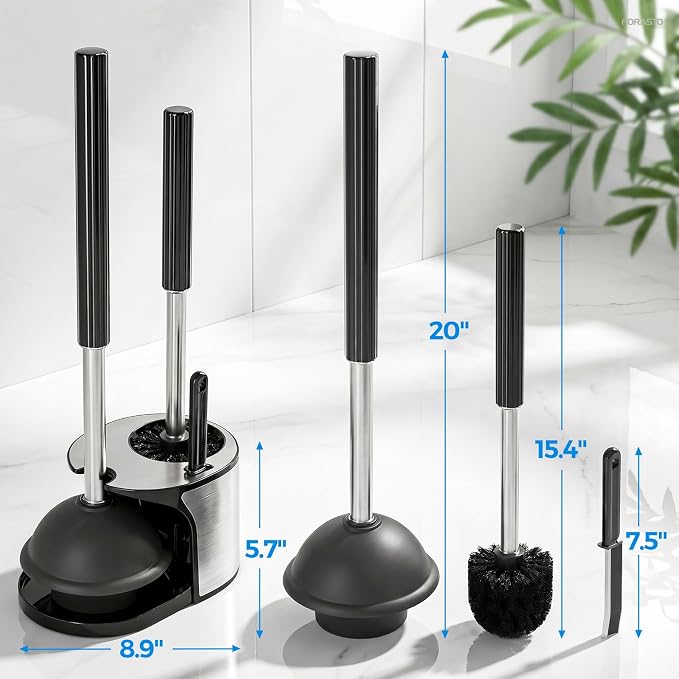FORASTO 3in1 Stainless Steel Toilet Plunger and Brush Set - Bathroom Tools | 21" Extended, Gap Brush Combo, Restroom Decor Accessories, Apartment Must Haves, Home Essentials for New Home