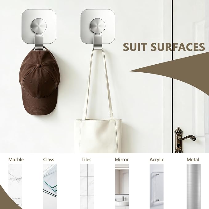 Aikzik 4 Pack Large Heavy Duty Wall Hooks - 26lb Max, Stainless Steel Adhesive Towel Hooks for Hanging Towel, Coat, Robe, Sticky Towel Holder for Wall Mount in Bathroom, Kitchen, Shower, Door - Silver