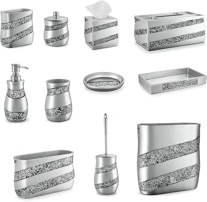 Creative Scents Silver Mosaic Qtip Holder for Bathroom - Decorative Cotton Ball Holder Jar - Durable Resin cotton Swab dispenser - Bathroom Accessories Vanity storage
