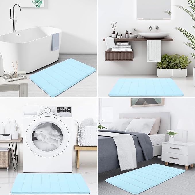 Buganda Memory Foam Bath Mat 24 x 16, Ultra Soft Absorbent Bathroom Rugs | Light Blue, Machine Washable Quick Dry Bath Mats for Bathroom Floor, Shower and Tub, Home Decor Accessories