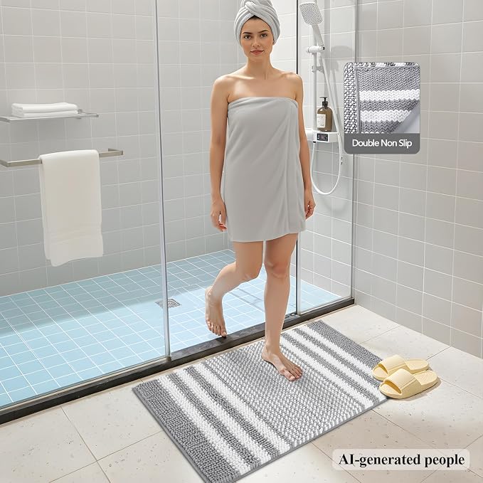 Bathroom Rugs, 20x32 Chenille Bath Mats, Light Grey | Extra Soft Absorbent, Non Slip Striped, Quick Dry Machine Washable, Modern, Shower Rug for Bathroom Bedroom Decor