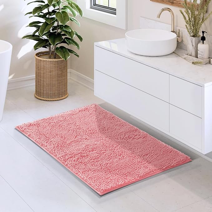 Hearth & Harbor Bathroom Rugs, Chenille Bath Mat - Machine Washable Bath Mats for Bathroom Non-Slip Backing Rubber, Quick Dry Bathroom Mat, 20 x 32 - Pink