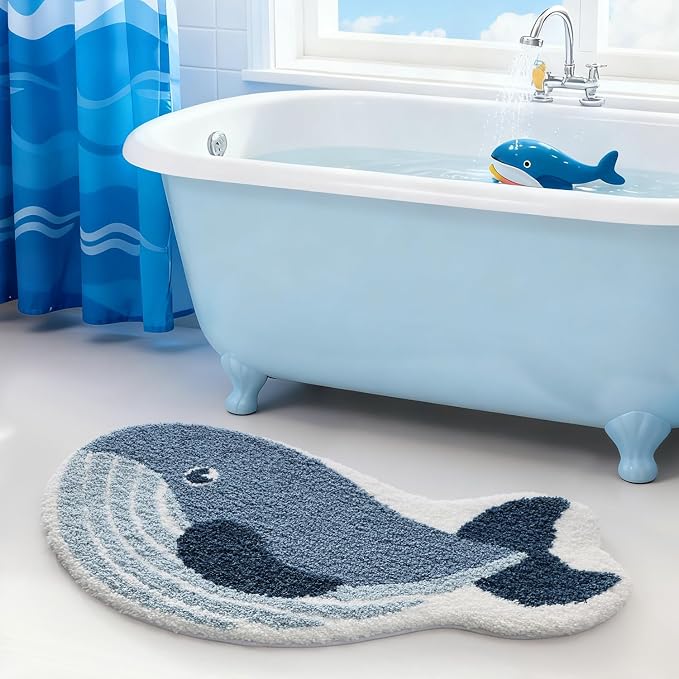 LUMI Cute Animal Bathroom Rugs, Plush Absorbent Bath Mats for Bathroom, Non-Slip Backing Washable Bath Mat, Ideal for Shower Sink Bathtub Room Decor, 24"x43", Deep Whale