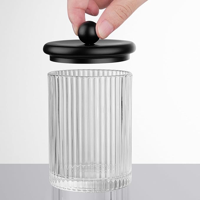 SheeChung 1 Pack Ribbed Glass Qtip Holder with Black Metal Lids | Apothecary Jars Bathroom Organizer Countertop Vanity Canister Set for Cotton Swabs, Rounds, Floss Picks-Modern Luxury Decor