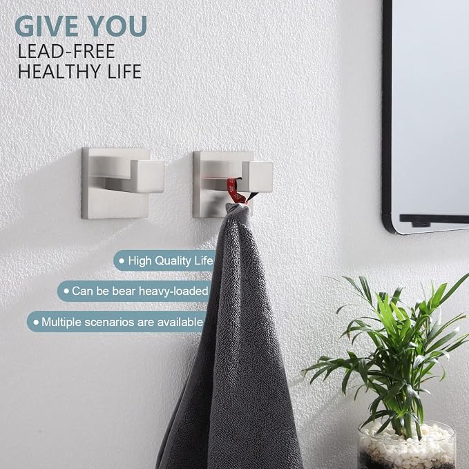 KOKOSIRI Bath Towel Hook Wall Mount Square Robe Hook Coat Hook, Bathroom Kitchen Garage Heavy Duty Wall Mounted, SUS 304 Stainless Steel, Brushed Nickel, B1010BR-P2