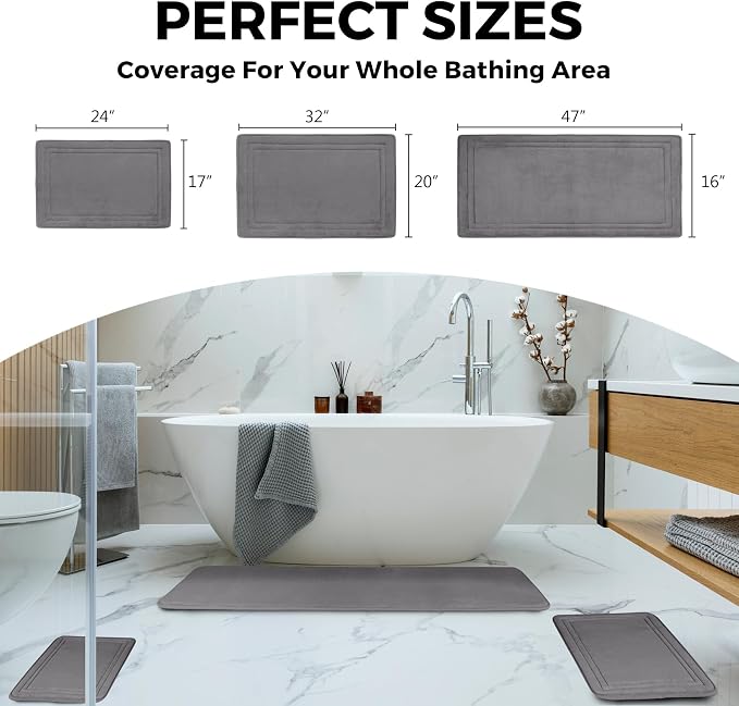 Grey Bathroom Rugs Memory Foam Bath Mat Runner Rug Set of 2 | Non Slip Washable Floor Mats Soft Absorbent Plush Microfiber Shower Tub Bathmat Gray