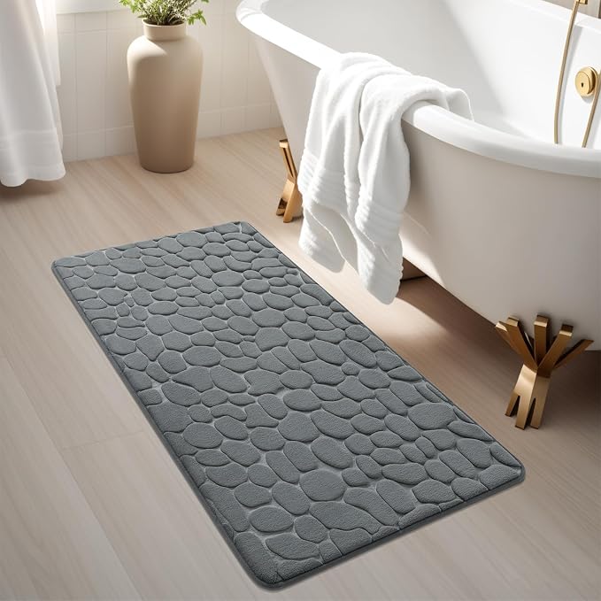 YIHOUSE Memory Foam Runner Rug, Cobblestone Bathroom Runner Rugs Super Water Absorbent Bath Mats for Bathroom Machine Washable Bath Rugs for Hallway Bedroom Laundry Room(26 x 50,Dark Gray)