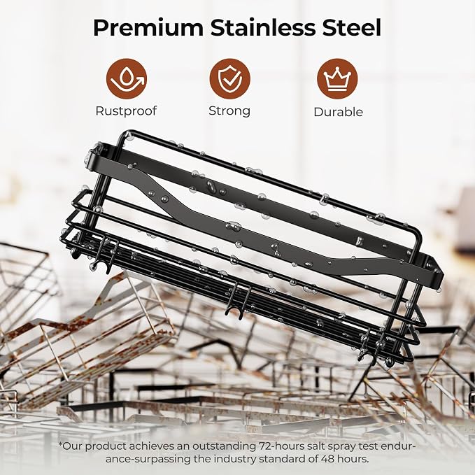 Orimade Shower Caddy Basket Shelf,3-Pack Adhesive Shower Organizer with Soap Dish Holder, No Drilling Wall Mounted Rustproof Stainless Steel Shower Shelves with 7 Hooks,for Bathroom,Matt Black