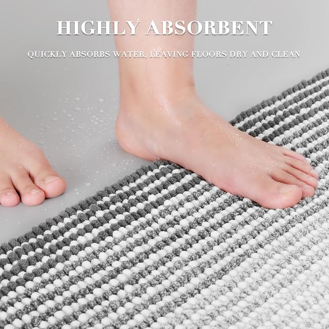 Bathroom Rugs Sets 2 Piece, Non Slip Striped Bath Mats, Gray | 20"x60" Plus 20"x32", Soft Absorbent Chenille, Quick Dry Machine Washable, Shower Rug for Bathroom Floor, Tub, Bedroom Decor
