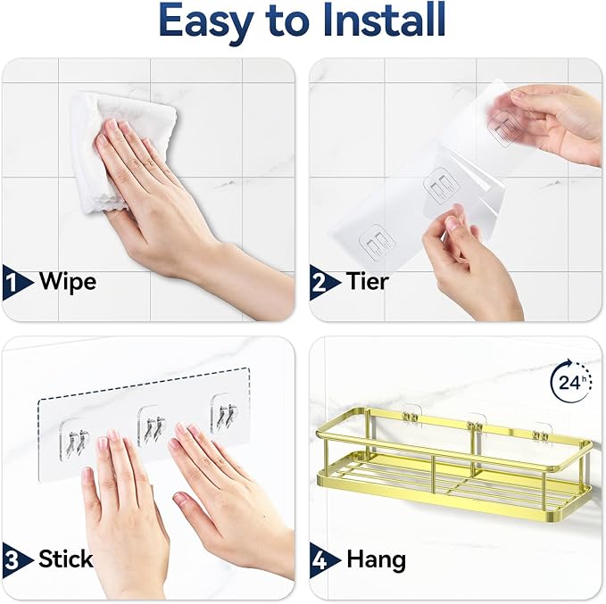 Shower Caddy Adhesive, Rustproof Shower Organizer with Soap Holder, Large Capacity Shower Shelves for Inside Shower, No Drilling Bathroom Organizers and Storage for Home Decor(3 Pack Gold)