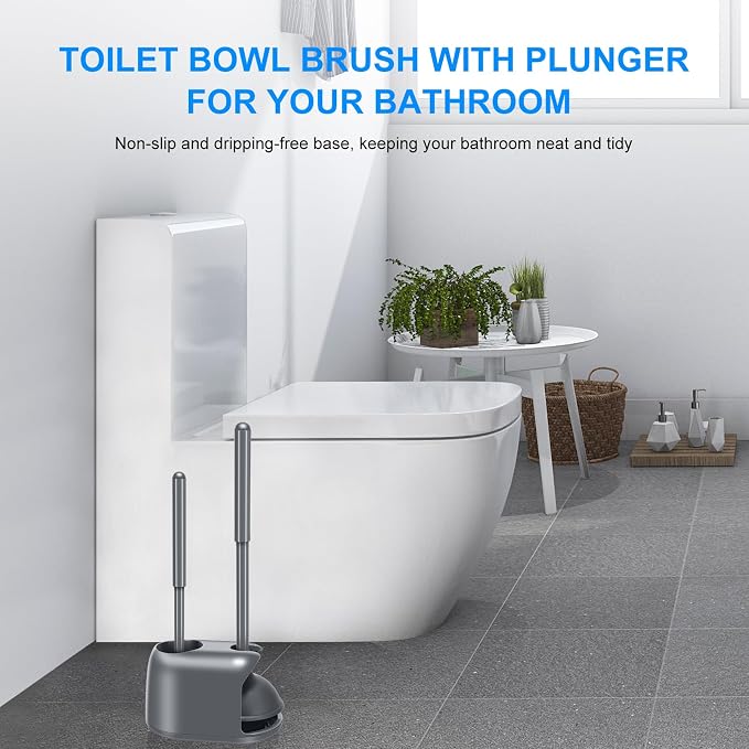 SetSail Toilet Brush and Plunger Set, Semi-Hidden Toilet Plungers, Gray | Heavy Duty Toilet Bowl Brush and Holder for Bathroom Toilet Plunger and Brush Set for Deeply Cleaning