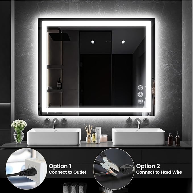 Memobarco 30" x 36" LED Bathroom Mirror with Lights, Memory Vanity Mirror | Anti-Fog, 3 Color Modes, Dimmable, Front Lit, Memory Function, Tempered Glass, Lighted Bathroom Mirror for Wall