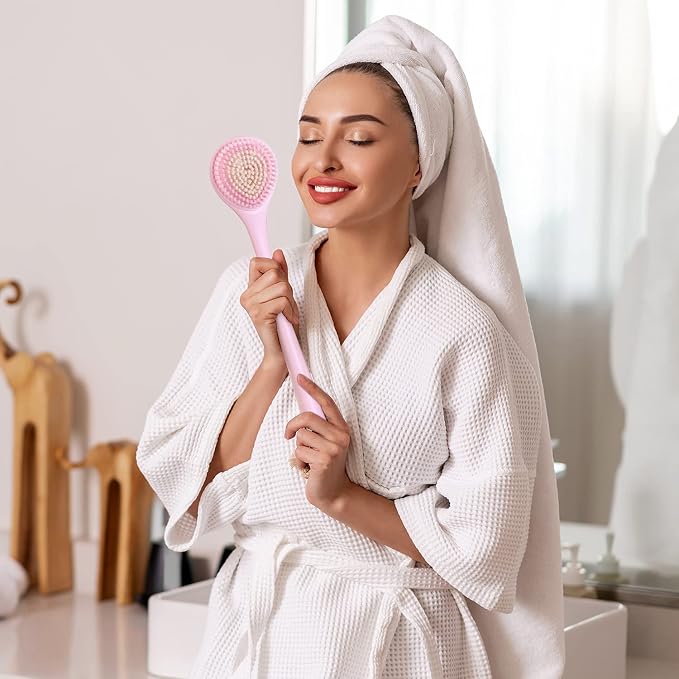 BEDELITE Back Scrubber for Shower, Long Handle 16.4 Inches, Pink, 1 Pack | Soft Back Brush for Shower, Exfoliating Scrubber, Non-Slip Curved Long Handle Bath Brush, Wet or Dry Use for Back Cleaning