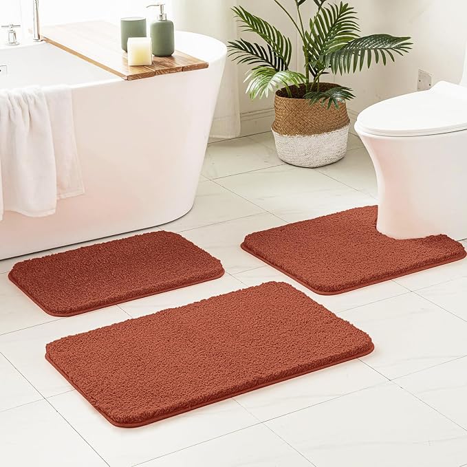 MIULEE Fall Rust Bathroom Rugs Set 2 Piece Soft Bath Mats 20x20+20x32 Inch | Absorbent Microfiber Bath Mat and U-Shaped Toilet Rug, Non Slip, Quick Dry, for Bathroom Floor Tub Showers, Machine Washable