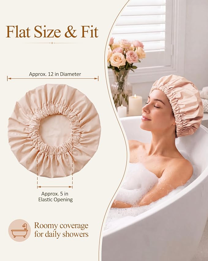 Edoneery Shower Caps for Women Reusable Waterproof, Shower Hair Cap | Washable Bonnet, Wide Elastic Band, Large Fit, Holds Long Hair, Braids Friendly, Bath Accessories, Spa, Travel