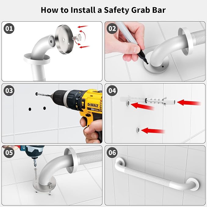 White Grab Bar 24 Inch, iHansee Anti-Slip Bathroom Grab Bar w/Knurled Grip, Stainless Steel Safety Handrail for Toilet Bathtub Shower, Wall Mounted Matte Black Handicap Bars Handle for Senior Elderly