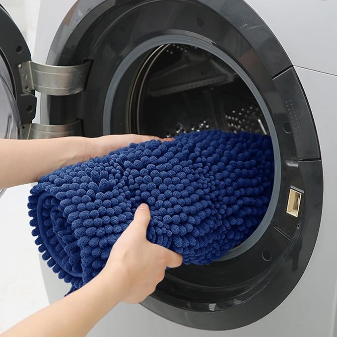ACCUMTEK Extra Long Striped Denim Blue Bathroom Rug Mat 70"x24" Ultra Soft, Non Slip Chenille Bath Rugs, Absorbent Plush Shaggy Bath Mats for Bathroom, Bedroom, Kitchen, Shower, Tub