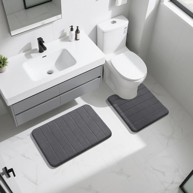 Yimobra Memory Foam Bath Mat Set 2 Piece - Super Soft Absorbent Quick Dry Bathroom Toilet Rugs, Machine Washable Non Slip Floor Carpet for Tub Shower & Single Sink (31.5x20 & 24x20, Dark Gray)