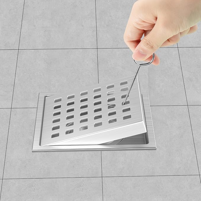4 Inch Square Shower Drain Brushed with Removable Quadrato Pattern Grate, SUS 304 Stainless Steel Floor Drain with Flange