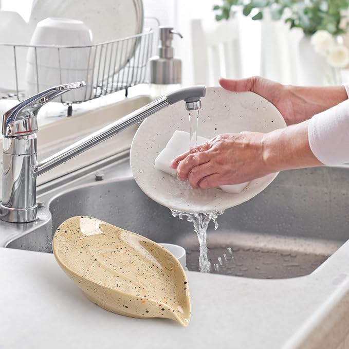 Soap Dish, Self Draining Soap Dishes 2PCS, Leaf Shape Ceramic Bar Soap Holder Drain Soap Dishes for Bathroom Sink Shower Kitchen, Easy to Clean Keeps Soap Dry, ANTIS'S HOME