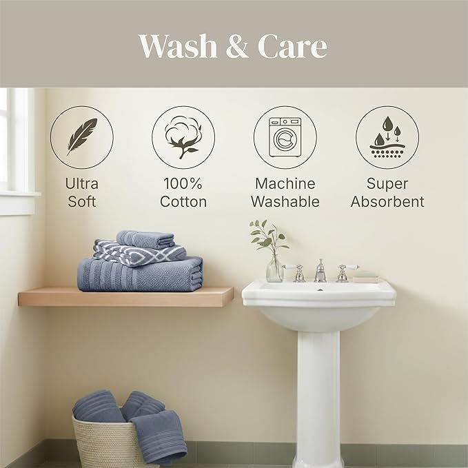 Modern Threads 6 Piece Bath Towel Set – Bathroom Set with 2 Bath Towels, 2 Hand Towels, and 2 Wash Cloths – 100% Cotton, Super Absorbent & Extra Soft – Reversible Classic Diamond (Blue)