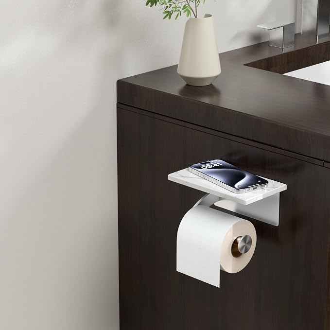 FORIOUS Toilet Paper Holder with Phone Shelf, Natural Marble Wall Mount Tissue Roll Holder for Bathroom, Washroom, 304 Stainless Steel Commercial Toilet Tissue Dispensers with Shelf, Brushed Nickel