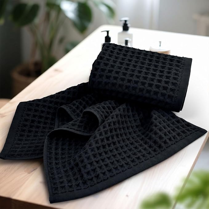 Jacquotha Black Waffle Cotton Hand Towels Set of 2 – Quick Dry, Low Lint | Towels for Bathroom, Kitchen & Daily Life, 13" x 29"