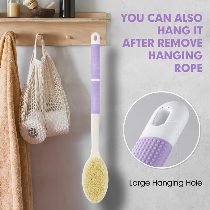 Back Scrubber Anti Slip for Shower, Long Handle Bath Brush with Stiff and Soft Bristles for Exfoliation, Dual-Use Shower and Dry Body Brush(Purple)
