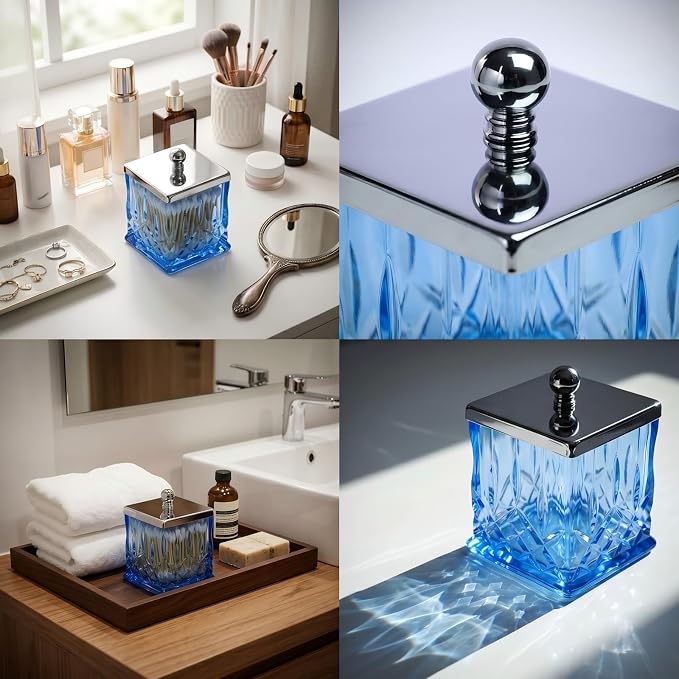2 Pack Glass Qtip Holder Dispenser Set, Square Bathroom Apothecary Jars with Silver Lid for Cotton Swabs, Balls, Pads, Floss Picks, Vanity Storage Container for Makeup, Candy, Jewelry(15 Oz, Blue)