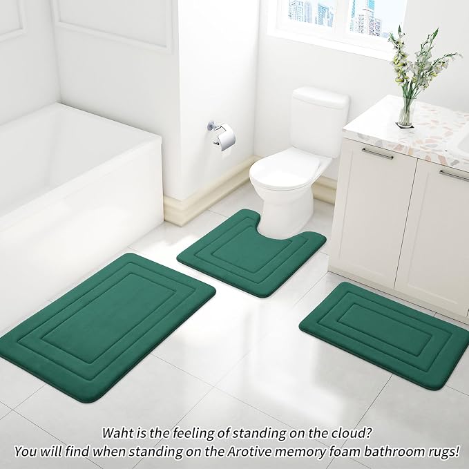 Arotive Memory Foam Bathroom Rug Mat 24x16, Ultra Soft and Absorbent Bath Mat, Machine Wash Dry, Comfortable Bath Rug Carpet for Bathroom Floor, Tub and Shower, Dark Green