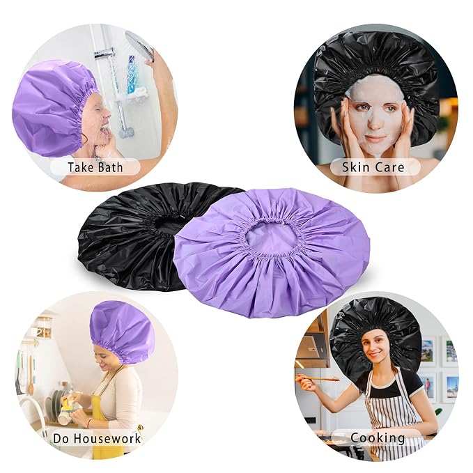 Super Jumbo Shower Cap for Women, 2 PCS Waterproof Hair Caps for Locs | Extra Large, Double Side Reusable PEVA Bath Cap, Washable, Holds Long Thick Twist Braid - Black + Purple