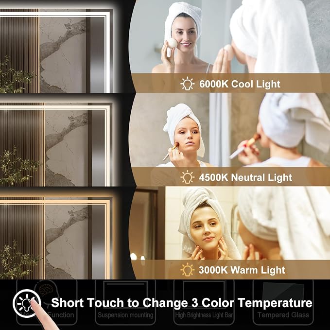 Ratsamee 28" x 36" Led Mirror for Bathroom with Front Light and Backlit, Bathroom Mirror with Led Lights, Vanity Mirror with Lights for Wall, Anti-Fog, Dimmable 3-Color(frontlit+Backlit)