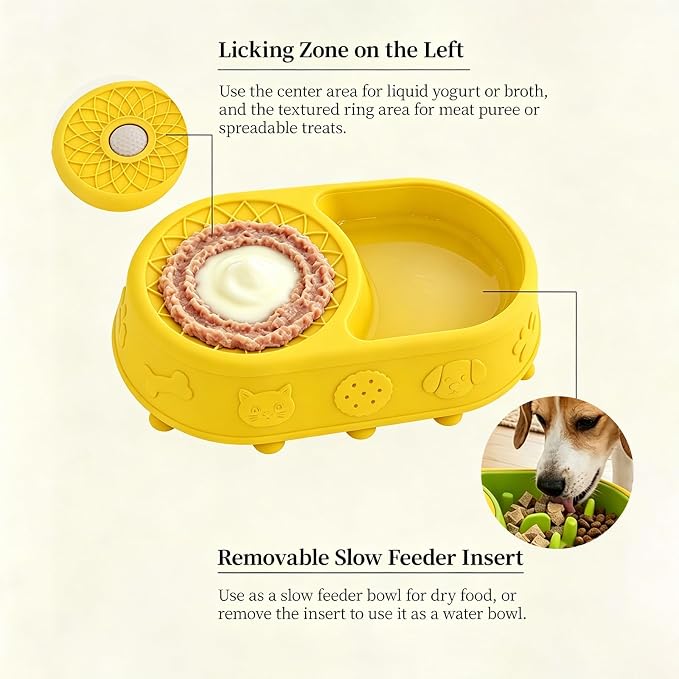 Slow Feeder Dog Bowl with Lick Mat, 2 in 1 Silicone Feeding Bowl | Promotes Healthy Eating Habits and Engaging Mealtime Experience